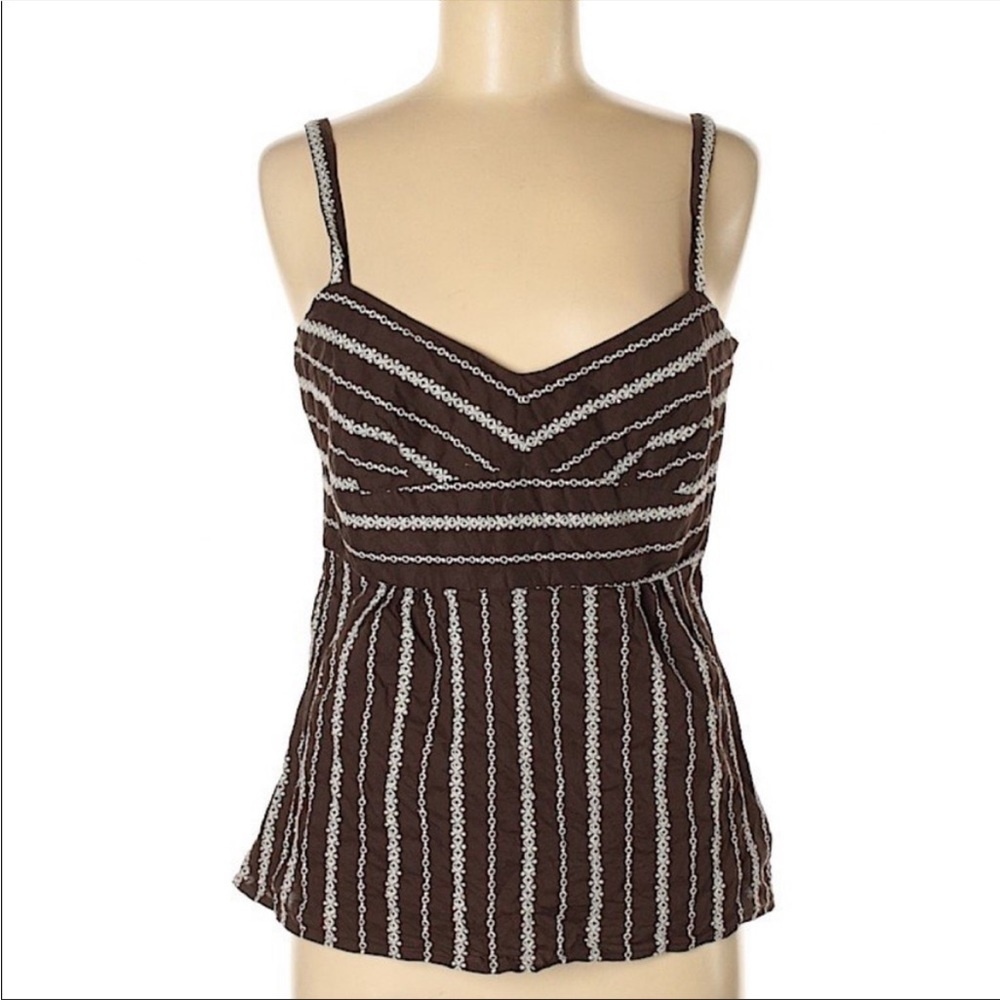 Ann Taylor‎ Loft Brown and White Striped Embroidered Spaghetti Strap Tank Size 4